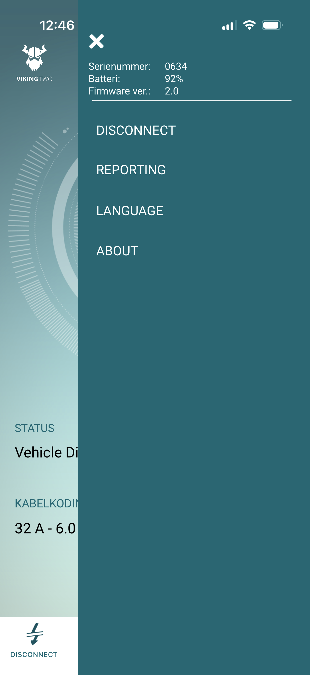 Side menu showing serial number, battery, firmware and menu options